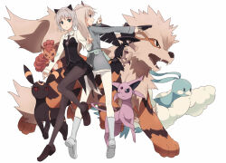  2girls altaria arcanine black_pantyhose black_skirt black_vest boots commentary crossover eila_ilmatar_juutilainen espeon full_body green_eyes grey_boots grey_hair leg_up long_hair miniskirt multiple_girls murkrow outstretched_arm pantyhose pink_eyes pleated_skirt pokemon pokemon_(creature) sanya_v._litvyak shirt short_hair simple_background skirt strike_witches umbreon vest vulpix white_background white_shirt world_witches_series yukitake_(bullfalk) 