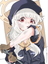  1girl aoba_(blue_archive) arm_up blonde_hair blue_archive bow bowtie brown_background commentary_request dirty dirty_face gloves halo highres holding looking_at_viewer medium_hair minami_linli open_mouth red_eyes solo two-tone_background upper_body vest white_background yellow_halo 