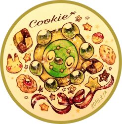  bronzor character_cookie character_name checkerboard_cookie commentary_request cookie dated food necktie painting_(medium) pikachu poke_ball pokemon pokemon_(creature) solo striped_clothes striped_necktie thumbprint_cookie traditional_media watercolor_(medium) white_background yukichi_0611 