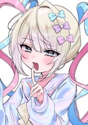  1girl aqua_bow babumi_roriko blonde_hair blue_eyes blue_hair blue_nails blush bow bowtie chouzetsusaikawa_tenshi-chan colored_eyelashes fang hair_bow heart highres index_finger_raised iridescent_clothes long_hair long_sleeves multicolored_hair multicolored_nails multicolored_shirt multiple_hair_bows needy_girl_overdose open_mouth pink_bow pink_hair purple_bow quad_tails sailor_collar sailor_shirt shirt simple_background smile solo upper_body white_background yellow_bow yellow_bowtie yellow_nails 