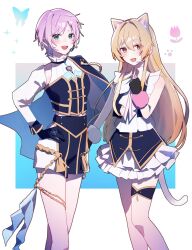  2girls :d animal_ear_headphones animal_ears aqua_eyes blonde_hair blush cape cat_ear_headphones cat_ears cat_tail commentary_request detached_sleeves fake_animal_ears frilled_skirt frills gloves hair_between_eyes hands_on_own_hips headphones headset highres ienaga_mugi kiyu5733 long_hair looking_at_viewer midriff multiple_girls nijisanji nijisanji_idol_uniform pink_hair short_hair skirt smile tail thigh_strap virtual_youtuber yellow_eyes yuuhi_riri 