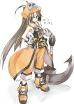  10mo 1girl anchor brown_hair fingerless_gloves gloves guilty_gear guilty_gear_xrd hand_on_hip hat long_hair looking_at_viewer may_(guilty_gear) orange_eyes pirate_hat smile solo translation_request white_background 