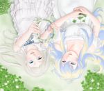  +_+ 2girls ano_hi_mita_hana_no_namae_wo_bokutachi_wa_mada_shiranai clover crossover dress flower four-leaf_clover from_above highres honma_meiko long_hair lying multicolored_hair multiple_girls nia_teppelin poromeria_(1111145) ribbon smile symbol-shaped_pupils tengen_toppa_gurren_lagann two-tone_hair upside-down white_dress white_hair 