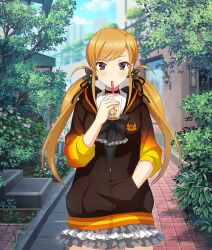  1girl alley black_bow black_bowtie black_flower black_ribbon blue_sky blush bow bowtie brick_road brown_jacket bubble_tea building bush city clouds cowboy_shot cup disposable_cup dot_nose drinking drinking_straw drinking_straw_in_mouth flower game_cg gradient_sleeves grey_skirt hair_flower hair_ornament hair_ribbon hand_in_pocket heijou_institute_school_uniform holding holding_cup hood hooded_jacket jacket kamo_chinami layered_skirt looking_at_viewer official_art orange_hair orange_sleeves partially_unzipped pink_flower railing ribbon school_uniform sidelocks skirt sky skyscraper solo straight-on third-party_source toji_no_miko toji_no_miko:_kizamishi_issen_no_tomoshibi tree violet_eyes white_skirt yellow_sleeves 