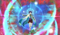  1boy absurdres anemo_symbol_(genshin_impact) arm_at_side armor belt black_belt black_bodysuit black_bow black_bridal_gauntlets black_hair black_sandals black_shorts blue_background blue_cape blue_gem blue_halo blue_kimono blue_sleeves blunt_ends bodysuit bow bridal_gauntlets bright_pupils cape chinese_text commentary_request covered_collarbone eyeliner feathers floating full_body furisode gem genshin_impact glowing_markings gold hakama hakama_shorts halo halo_behind_head hand_up highres japanese_armor japanese_clothes juban kimono kote kurokote layered_sleeves leg_warmers levitation looking_at_viewer makeup male_focus mandala mandarin_collar open_clothes open_hands open_kimono outstretched_arm pleated_shorts pom_pom_(clothes) purple_rope purple_sash red_background red_eyeliner rope sandals sash scaramouche_(genshin_impact) shixinfeng short_sleeves shorts shoulder_peek signature solo straight-on tassel toeless_legwear toes translation_request tsurime variant_set violet_eyes vision_(genshin_impact) wanderer_(genshin_impact) white_kimono white_leg_warmers white_pupils white_sleeves white_trim wind wispy_bangs yellow_feathers zouri 