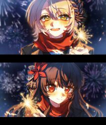  2girls :d aerial_fireworks artist_request baituonengbunenghe black_hair blonde_hair blush chinese_commentary closed_mouth commentary_request commission fireworks flower hair_flower hair_ornament hasumi_leia highres holding holding_fireworks long_hair looking_at_viewer mahou_shoujo_no_majo_saiban multiple_girls night nikaido_hiro open_mouth outdoors red_eyes red_flower red_scarf scarf second-party_source short_hair sky smile sparkler split_screen upper_body 