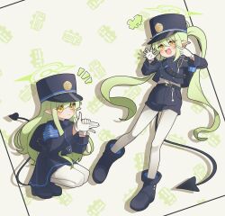  2girls absurdres armband black_jacket black_shorts black_skirt black_tail blue_archive blush boots closed_mouth demon_tail fang full_body gloves green_hair hair_between_eyes halo hat highres hikari_(blue_archive) jacket korean_commentary long_hair long_sleeves looking_at_viewer multiple_girls multiple_views notice_lines nozomi_(blue_archive) ohun open_mouth pantyhose pointy_ears shirt shorts skirt smile squatting tail twintails very_long_hair white_gloves white_pantyhose yellow_eyes yellow_halo 