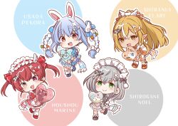  >_< 4girls :d absurdres animal_ear_fluff animal_ears apron blonde_hair blue_dress blue_hair blue_shoes bow braid brown_dress brown_eyes brown_shoes carrot_hair_ornament character_name chibi commentary_request dress food-themed_hair_ornament frilled_hair_tubes frills green_eyes grey_dress grey_hair grey_shoes hair_bow hair_ornament hair_tubes heterochromia highres holding hololive hololive_3rd_generation_live_outfit houshou_marine kiritoma maid_headdress multicolored_hair multiple_girls outline pekomon_(usada_pekora) ponytail puffy_short_sleeves puffy_sleeves rabbit-shaped_pupils rabbit_ears red_dress red_eyes red_hair red_shoes shiranui_flare shirogane_noel shoes short_sleeves smile socks standing standing_on_one_leg streaked_hair symbol-shaped_pupils twin_braids twintails two-tone_hair usada_pekora virtual_youtuber white_apron white_bow white_hair white_outline white_socks xd 