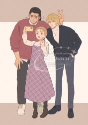  1girl 2boys badeni black_boots black_cardigan black_hair black_pantyhose black_shoes blonde_hair blunt_ends bn_noru boots border braid brown_border brown_eyes brown_hair bunny_ears_prank cardigan chi.:_chikyuu_no_undou_ni_tsuite collared_shirt commentary_request contemporary cross cross_necklace dress flying_sweatdrops full_body grey_eyes grey_pants grin hands_in_pockets highres jewelry jolenta long_hair medium_hair multiple_boys necklace oczy open_mouth pants pantyhose pink_dress red_sweater scar scar_on_face scar_on_mouth scar_on_nose selfie shirt shirt_under_dress shirt_under_sweater shoes single_braid smile sneakers sweatdrop sweater taking_picture teeth turtleneck turtleneck_sweater twitter_username upper_teeth_only v white_background white_shirt white_shoes white_sweater 