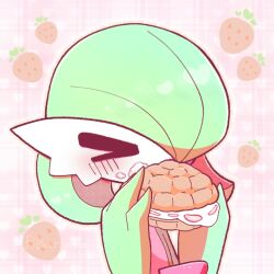  >_< 1girl artist_name blush bob_cut closed_eyes colored_skin commentary_request cream eating flat_chest food food_on_face gardevoir green_hair green_skin hair_over_one_eye hands_up heart heart_background holding holding_food multicolored_skin one_eye_covered outline pink_background pink_outline plaid_background pokemon pokemon_(creature) short_hair signature solo strawberry_background two-tone_skin upper_body white_skin yuri_(fl0werspace) 