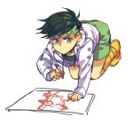  child child_drawing drawing earrings green_eyes green_hair hahihu1782 headband heaven&#039;s_door jewelry jojo_no_kimyou_na_bouken kishibe_rohan shorts stand_(jojo) young 