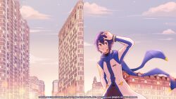 1boy arm_at_side blue_eyes blue_hair blue_nails blue_scarf blue_trim blush_stickers brown_pants building clouds coat commentary copyright_notice cowboy_shot english_commentary evening guest_art hair_between_eyes hand_up headset high_collar highres kaito kaito_(vocaloid) long_sleeves male_focus nail_polish nemupan new_york_city official_art outdoors pants project_sekai scarf second-party_source see-through_scarf short_hair sidelocks sky skyscraper smile solo standing teeth urban vocaloid wallpaper white_coat
