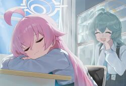  2girls ahoge aqua_hair blue_archive blue_necktie breasts closed_eyes commentary_request evening_rabbit ghost hair_between_eyes halo highres hoshino_(blue_archive) huge_ahoge indoors large_breasts long_hair long_sleeves multiple_girls necktie pink_hair pink_halo smile very_long_hair yellow_halo yume_(blue_archive) 