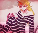  1girl blonde_hair chain collarbone horn hoshiguma_yuugi long_hair name_tag off_shoulder pointy_ears prison_clothes red_eyes shackle sitting six_(fnrptal1010) smile solo touhou 