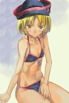  1girl blonde_hair crescent flat_chest hat looking_at_viewer lunasa_prismriver navel smirk solo swimsuit touhou yellow_eyes yohane 
