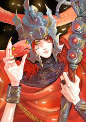  1boy absurdres armor black_snake elden_ring elden_ring:_shadow_of_the_erdtree fingernails helmet highres lumuscus messmer_the_impaler one_eye_closed ornate_armor ornate_weapon red_hair red_robe red_shawl red_snake robe sharp_fingernails shawl single_bracelet snake snake_on_shoulder snake_wrapped_around_body upper_body winged_helmet yellow_eyes yellow_nails 