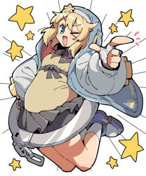  1boy :d androgyne_symbol blonde_hair blue_jacket blue_shoes bridget_(guilty_gear) brown_shirt double-parted_bangs fingerless_gloves full_body gloves green_eyes grey_gloves grey_skirt guilty_gear guilty_gear_strive hand_up highres hood hood_up hooded_jacket itsuka_neru jacket long_sleeves looking_at_viewer male_focus miniskirt one_eye_closed open_clothes open_jacket open_mouth pointing pointing_at_viewer shirt shoes short_hair single_handcuff skirt smile solo star_(symbol) trap v-shaped_eyebrows white_background 