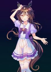  1girl absurdres animal_ears arm_up bow bowtie brown_hair brown_tail camellia_(camel_mal) commentary_request feet_out_of_frame hair_between_eyes highres horse_ears horse_girl horse_tail horseshoe_ornament long_hair looking_at_viewer multicolored_hair pleated_skirt puffy_short_sleeves puffy_sleeves purple_bow purple_bowtie purple_shirt sailor_collar sailor_shirt school_uniform shirt short_sleeves skirt smile solo stay_gold_(umamusume) streaked_hair tail thigh-highs tracen_school_uniform umamusume white_hair white_sailor_collar white_skirt white_streaks white_thighhighs 