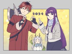  1boy 2024 2girls absurdres artist_name axe black_dress black_gloves black_roots blue_scarf blunt_bangs blunt_ends border chinese_zodiac closed_eyes closed_mouth coat commentary_request dated dragon_horns dragon_tail dress elf fern_(sousou_no_frieren) fingerless_gloves frieren fur-trimmed_coat fur_trim gloves grey_border grey_coat grey_hair hair_between_eyes half_updo highres horns light_smile long_hair multiple_girls parted_bangs pointy_ears purple_hair red_coat red_eyes red_hair scarf short_hair sousou_no_frieren stark_(sousou_no_frieren) tail takehide thick_eyebrows twintails v violet_eyes weapon weapon_on_back white_coat year_of_the_dragon yellow_background 