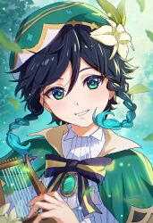  1boy absurdres beret black_hair blue_hair blush bow braid brooch cape chinese_commentary collared_cape collared_shirt commentary_request flower frilled_sleeves frills gem genshin_impact gradient_hair green_eyes hair_flower hair_ornament harp hat hat_flower highres holding holding_instrument homura2414 instrument jewelry leaf long_sleeves looking_at_viewer lyre male_focus multicolored_hair open_mouth shirt short_hair_with_long_locks smile solo twin_braids venti_(genshin_impact) white_flower white_shirt 