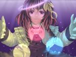  brown_hair capelet clasp dress drill_hair flower gloves hair_flower hair_ornament lely light_beam light_particles light_smile lips looking_at_viewer original outstretched_arms purple_background short_hair sugar_satellite touhou violet_eyes 
