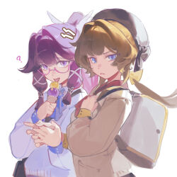  2girls :p ? absurdres alternate_costume alternate_hairstyle ascot bag beret black_bag black_hat blue_ascot blue_eyes blue_sweater_vest blunt_bangs blunt_tresses bow brown_hair brown_jacket closed_mouth columbina_(genshin_impact) commentary contemporary food frown genshin_impact glasses grey_bag hair_between_eyes hair_bow hair_intakes hair_ornament hair_ribbon hair_tubes hands_up hat high_ponytail highres holding holding_hands holding_ice_cream_cone holding_strap ice_cream ice_cream_cone interlocked_fingers jacket long_sleeves looking_at_viewer low_ponytail multiple_girls multiple_scoops pink-framed_eyewear ponytail purple_hair red_ascot ribbon sandrone_(genshin_impact) school_uniform semi-rimless_eyewear shoulder_bag simple_background sleeve_cuffs sweater_vest tian_luo_bo tongue tongue_out tress_ribbon under-rim_eyewear upper_body violet_eyes white_background white_ribbon wing_hair_ornament yellow_bow yuri 