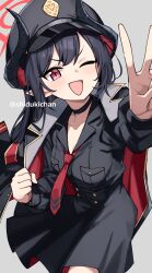  1girl artist_name black_choker black_hair black_horns blue_archive camera chiaki_(blue_archive) choker coat coat_on_shoulders commentary_request curved_horns demon_girl demon_horns halo hat highres horns looking_at_viewer multicolored_horns multiple_horns necktie one_eye_closed peaked_cap pointy_ears red_eyes red_halo red_necktie shigatsu_shizuki smile solo two-tone_horns v 