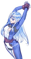  1girl blue_eyes blue_hair bodysuit breasts closed_mouth commentary_request highres lafiel lips long_hair medium_breasts seikai_no_senki simple_background solo white_background yonemura_kouichirou 