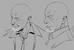  1boy bald beard better_call_saul breaking_bad facial_hair goatee greyscale hatching_(texture) linear_hatching lineart male_focus mike_ehrmantraut monochrome old old_man simple_background sketch smile solo upper_body utm_alt 