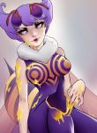 1girl antennae bee_girl bodysuit breasts compound_eyes extra_eyes eyelashes fur_collar honey insect_girl insect_wings knee_pads lips messy monster_girl puckered_lips purple_hair q-bee sexually_suggestive short_hair sitting solo suguro vampire_(game) violet_eyes wings 
