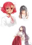  2girls black_hair breasts bust character_request cleavage flower freckles hair_flower hair_ornament hina_(naso4) japanese_clothes long_hair low-tied_long_hair miko multiple_girls naso4 necktie original pink_eyes pink_hair school_uniform short_hair very_long_hair white_background 