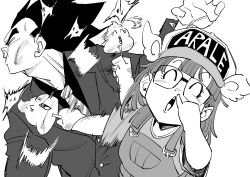  absurdres baseball_cap commentary_request creator_connection crossover dr._slump dragon_ball dragon_ball_super glasses greyscale hat highres jacket medium_hair meme monochrome naoya_hitting_choso_without_looking_(meme) necktie nishitakuart norimaki_arale nose_picking overalls poop_on_a_stick simple_background spiky_hair suit vegeta white_background winged_hat 