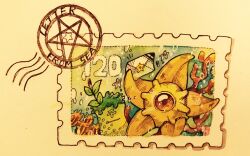 absurdres commentary_request coral english_text highres holding holding_letter letter no_humans painting_(medium) pentagram pokemon pokemon_(creature) postage_stamp simple_background solo starfish staryu traditional_media watercolor_(medium) white_background yukichi_0611 