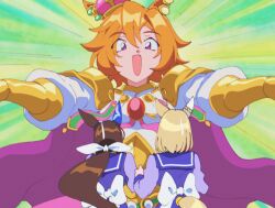  1990s_(style) 3girls admire_vega_(umamusume) animal_ear_piercing animal_ears aqua_background armor back_bow blonde_hair blue_sailor_collar blue_shirt blue_skirt bow bracer brown_hair cape chest_jewel corset crown dot_nose ear_covers ear_ornament emphasis_lines eyes_visible_through_hair fake_screenshot faux_retro_artstyle gem gold_corset hair_between_eyes happy highres horse_ears horse_girl horse_tail long_hair long_sleeves low_ponytail medium_hair mini_crown multiple_girls multiple_piercings narita_top_road_(umamusume) open_mouth orange_shirt outstretched_arms pauldrons pink_crown pink_skirt ponytail puffy_long_sleeves puffy_sleeves purple_cape red_gem retro_artstyle sailor_collar school_uniform shirt shoulder_armor sin_emu single_ear_cover skirt smile sweatdrop t.m._opera_o_(o_sole_suo!)_(umamusume) t.m._opera_o_(umamusume) tail tareme tracen_school_uniform umamusume umamusume:_road_to_the_top very_long_hair violet_eyes white_bow white_shirt winter_uniform 