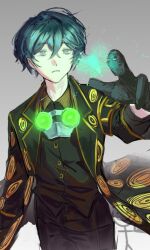  1boy apapyart black_coat black_eyes black_gloves black_pants black_shirt blue_hair coat collared_shirt crossed_bangs e.g.o_(project_moon) fairy gloves grey_background hair_between_eyes hashtag-only_commentary hohenheim_(project_moon) lamp_(e.g.o) lantern_(e.g.o) lapels limbus_company looking_at_viewer male_focus notched_lapels open_clothes open_coat pants project_moon reaching reaching_towards_another shirt short_hair solo v watermark yellow_eyes 