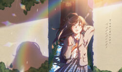  1girl absurdres ahoge arm_behind_head arm_up artist_name bag bandana blazer blue_bandana blue_skirt brown_eyes brown_hair brown_jacket buttons collared_shirt commentary cowboy_shot dated english_commentary hand_up highres holding_strap jacket long_hair long_sleeves looking_up moss necktie open_clothes open_jacket open_mouth original outdoors pleated_skirt puddle rainbow red_necktie school_uniform shadow shirt shirt_tucked_in shoulder_bag skirt smile solo stomach sunlight teardrops_(user_vgvd7733) teeth upper_teeth_only water_drop white_shirt wind 