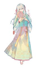  1girl absurdres blue_eyes blue_hair chinese_clothes dress full_body hair_between_eyes hair_ribbon hand_fan hanfu highres holding holding_fan long_hair long_sleeves looking_at_viewer mamianqun original paper_fan red_ribbon ribbon shatang_le shoes simple_background smile solo tachi-e tassel tuanshan white_background white_hair 