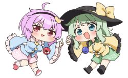  2girls :d ahoge black_boots black_hairband black_hat blue_shirt boots bow chibi chibi_only collared_shirt commentary_request floral_print frilled_shirt_collar frilled_sleeves frills full_body green_eyes green_skirt hairband hat hat_bow hat_ribbon highres komeiji_koishi komeiji_satori long_sleeves looking_at_viewer multiple_girls open_mouth pink_eyes pink_hair pink_skirt pink_slippers ribbon rose_print shirt siblings simple_background sisters skirt slippers smile socks suwa_yasai third_eye touhou v-shaped_eyebrows white_background white_socks wide_sleeves yellow_bow yellow_ribbon yellow_shirt 