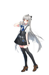  1girl absurdres adjusting_hair belt black_belt black_bow black_thighhighs block_heels blue_necktie bow brown_shoes buttons closed_mouth closers collared_shirt diagonal-striped_clothes diagonal-striped_necktie double-breasted full_body grey_hair hair_bow hand_up high-waist_skirt highres long_hair miniskirt necktie no_pupils orange_eyes puffy_short_sleeves puffy_sleeves shirt shoes short_sleeves skirt solo standing striped_clothes suspender_skirt suspenders tachi-e thigh-highs tina_(closers) very_long_hair wallet_chain white_background white_shirt zettai_ryouiki 