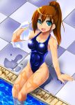  1girl brown_hair competition_swimsuit fiesta_(fiesta303) green_eyes highres long_hair one-piece_swimsuit original ponytail poolside sitting swimsuit wet 