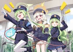  3girls aoba_(blue_archive) belt black_belt black_boots blue_archive boots brown_gloves commentary_request demon_tail eretto fang gloves green_hair halo hand_up hat highres hikari_(blue_archive) long_hair long_sleeves looking_to_the_side multiple_girls nozomi_(blue_archive) official_art one_eye_closed open_mouth outdoors pantyhose pointing pointing_forward pointy_ears red_eyes shirt shorts skirt smile tail v-shaped_eyebrows white_gloves white_pantyhose yellow_eyes 