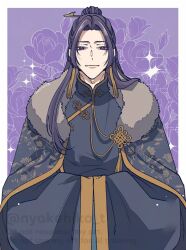  1boy border chinese_clothes chinese_hairpin cloak closed_mouth flower_knot fur-trimmed_cloak fur_trim half_updo highres jinshi_(kusuriya_no_hitorigoto) kusuriya_no_hitorigoto light_smile looking_at_viewer male_focus parted_bangs purple_background purple_hair solo sparkle takehide twitter_username violet_eyes white_border 