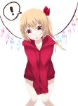  ! 1girl :o absurdres alternate_costume bare_legs blonde_hair flandre_scarlet hair_ribbon head_tilt highres looking_at_viewer naked_hoodie red_eyes ribbon shinohara_akiba short_hair side_ponytail simple_background solo speech_bubble v_arms white_background wings 