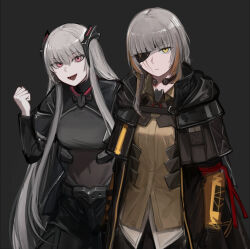  2girls beak_(girls'_frontline) black_background black_coat black_jacket brown_skirt clenched_hand coat dress_shirt expressionless eyepatch girls_frontline grey_hair hand_up highres jacket long_hair looking_at_viewer m16a1_(girls'_frontline) mole mole_under_eye multicolored_hair multiple_girls odaibako open_clothes open_coat open_jacket open_mouth orange_hair pink_eyes rampart1028 request_inset shirt simple_background skirt smile streaked_hair tongue tongue_out yellow_eyes 