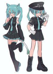  1girl 39 :d animal_ear_fluff animal_ears bare_shoulders black_boots black_hat black_shirt black_skirt blue_eyes blue_hair blue_necktie boots breasts cat_ears cat_girl closed_mouth collared_shirt cuffs detached_sleeves food full_body gloves grey_background hair_between_eyes handcuffs hat hatsune_miku highres holding holding_food holding_spring_onion holding_vegetable kemonomimi_mode lace-up_boots long_hair long_sleeves looking_at_viewer medium_breasts miniskirt multiple_views necktie open_mouth pleated_skirt ri_(qrcode) shirt short_sleeves sidelocks simple_background skirt sleeveless sleeveless_shirt smile spring_onion standing standing_on_one_leg sweatdrop thigh_boots twintails vegetable vocaloid white_gloves wide_sleeves zettai_ryouiki 