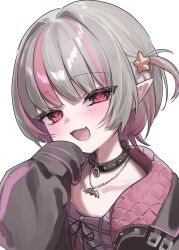  1girl :d bat_necklace black_collar black_jacket blunt_bangs blush chain chain_necklace collar collarbone colored_inner_hair crop_top cross-laced_clothes cross-laced_top fang from_above grey_hair hair_intakes hair_ornament hand_to_own_mouth highres jacket jewelry looking_at_viewer makaino_ririmu makaino_ririmu_(6th_costume) multicolored_hair necklace nijisanji no_headwear o-ring_collar open_clothes open_jacket open_mouth pendant pink_hair pink_jacket pink_streaks plaid_clothes pointy_ears profile red_eyes short_hair simple_background skin_fang sleeves_past_fingers sleeves_past_wrists smile solo spiked_collar spikes star_(symbol) star_hair_ornament streaked_hair two-sided_fabric two-sided_jacket two-tone_hair two_side_up unbuttoned unzipped virtual_youtuber white_background wolf_cut yuzuponzu220 