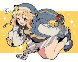  1girl androgyne_symbol blonde_hair blue_jacket blue_shoes bridget_(guilty_gear) choppy_bangs commentary_request fingerless_gloves full_body gloves green_eyes grey_gloves guilty_gear guilty_gear_strive hand_up heart holding hood hood_up hooded_jacket index_finger_raised itsuka_neru jacket letterboxed long_sleeves looking_at_viewer male_focus one_eye_closed open_clothes open_jacket open_mouth outside_border shoes short_hair single_handcuff smile solo sparkle spoken_heart yellow_background yen_sign yo-yo 