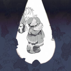  6+girls chinese_commentary commentary_request crown d.y.x. dress from_above full_body highres hug long_hair long_sleeves lying mahou_shoujo_no_majo_saiban monochrome multiple_girls multiple_persona nikaido_hiro on_side sakuraba_ema shoes short_hair sitting skirt socks spoilers spotlight standing wings witch_(manosaba) 