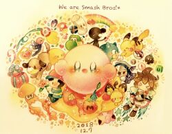  >_< 2boys black_hair blue_pikmin bob-omb brown_hair commentary_request dated dog_(duck_hunt) duck_(duck_hunt) duck_hunt full_body game_&amp;_watch heart_container highres inkling inkling_(swim_form) inkling_player_character jigglypuff kid_icarus kirby kirby_(series) luma_(mario) master_ball mother_(series) mother_2 mr._game_&amp;_watch multiple_boys ness_(mother_2) pac-man pac-man_(game) painting_(medium) pichu pikachu pit_(kid_icarus) pitfall_seed poke_ball pokemon_(creature) red_pikmin sandbag_(smash_bros) screw_attack_(metroid) shirt sonic_(series) sonic_the_hedgehog splatoon_(series) star_(symbol) star_rod striped_clothes striped_shirt super_mario_bros. super_mushroom super_smash_bros. traditional_media watercolor_(medium) yellow_pikmin yoshi yukichi_0611 