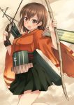  1girl archery arrow blush bow_(weapon) brown_eyes brown_hair hiryuu_(kantai_collection) japanese_clothes kantai_collection kouno_hikaru kyuudou looking_at_viewer muneate personification short_hair single_glove smile solo weapon wide_sleeves yugake 